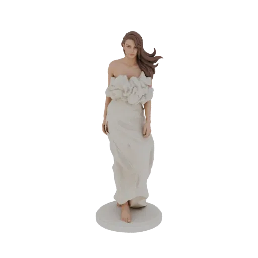 3D модель элегантной женщины с длинными, развевающимися каштановыми волосами, в белом платье с открытыми плечами, стоящей на
