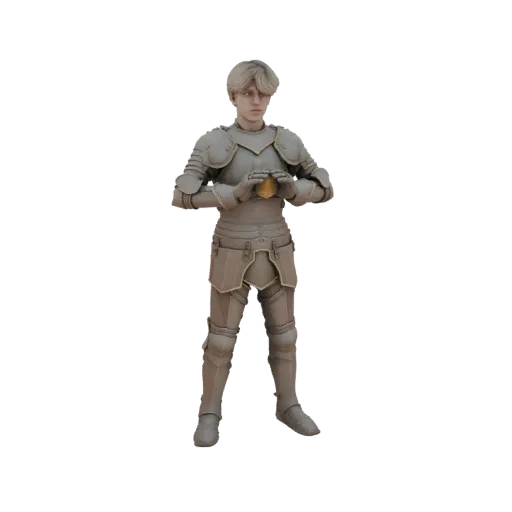 3D модель юного рыцаря в детализированных латах, держащего золотой шар, с короткими светлыми волосами.