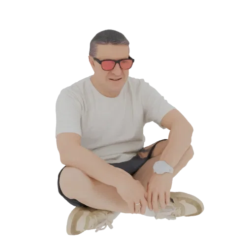 3D модель мужчины, сидящего со скрещенными ногами, в красных солнцезащитных очках и белой футболке, с расслабленным выражение