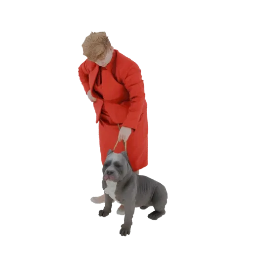 3D модель женщины в красном костюме, выгуливающей сине-серого питбуля, на белом фоне.