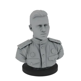 Рендер 3D модели серого бюста советского офицера в форме с медалями и эполетами на черном основании.