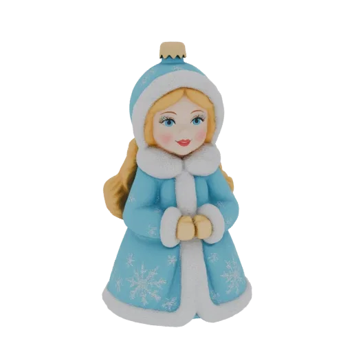 3D модель ёлочной игрушки Снегурочки в голубом пальто и шапке, украшенная снежинками.