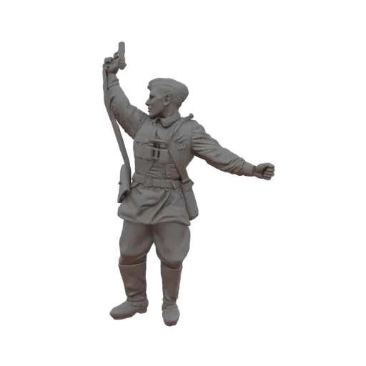 3D модель советского солдата в боевой позе, с пистолетом в руке и винтовкой за плечом.