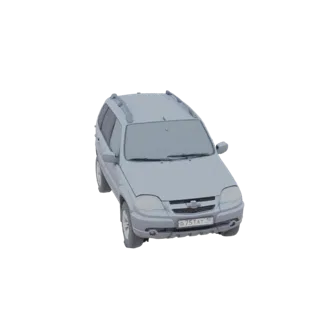 3D модель серого Chevrolet Niva SUV, вид спереди под углом три четверти на белом фоне.