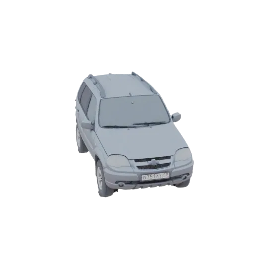 3D модель серого Chevrolet Niva SUV, вид спереди под углом три четверти на белом фоне.