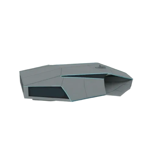3D модель футуристического геометрического транспортного модуля с острыми углами и светящимися синими акцентами, вид сбоку-сп
