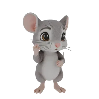 3D рендер милого серого мультяшного мышонка, стоящего с поднятой левой лапой, указательный палец вытянут, на белом фоне.