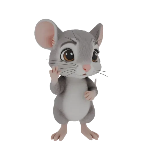 3D рендер милого серого мультяшного мышонка, стоящего с поднятой левой лапой, указательный палец вытянут, на белом фоне.