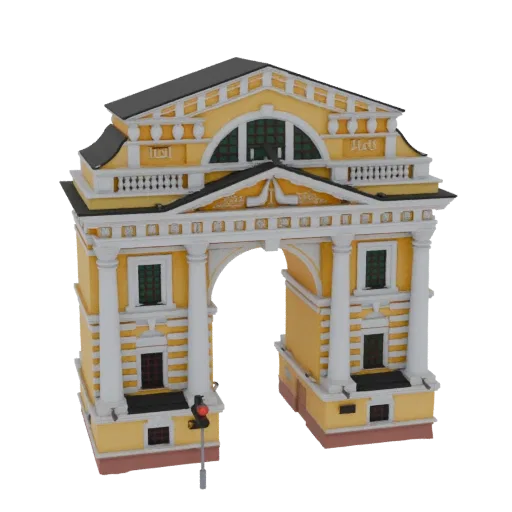 3D-модель Триумфальной арки в Москве с желтым фасадом, классическими колоннами и арочным проемом на белом фоне.