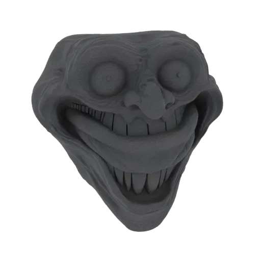 3D рендер культового мема Trollface, изображенного как серая, похожая на камень скульптура с широкой, тревожной ухмылкой и бо
