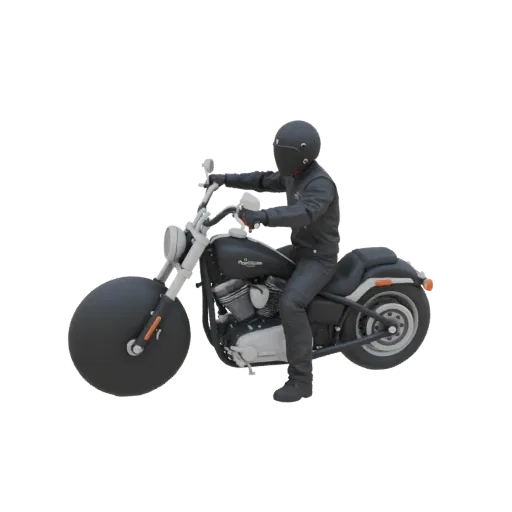 3D модель мотоциклиста в черной кожаной куртке и штанах, сидящего на черном американском чоппере с широким задним колесом.