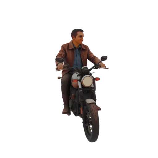 3D модель мужчины в коричневой куртке на мотоцикле, вид спереди справа.