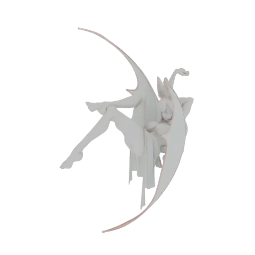 3D-рендер белой, элегантной крылатой фигуры в струящихся одеждах, изящно сидящей на белом полумесяце на белом фоне.