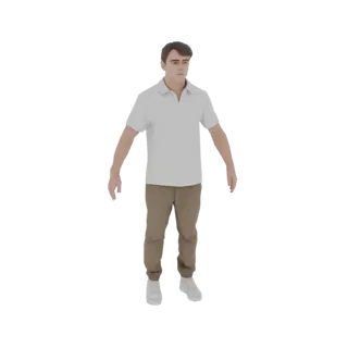 3D модель молодого человека в белой рубашке-поло и бежевых брюках, стоящего с руками по бокам.