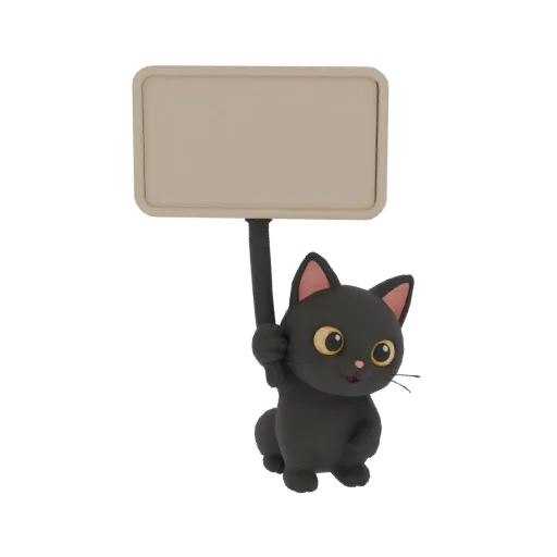 3D модель милого черного кота с большими желтыми глазами, держащего над головой пустой бежевый знак.