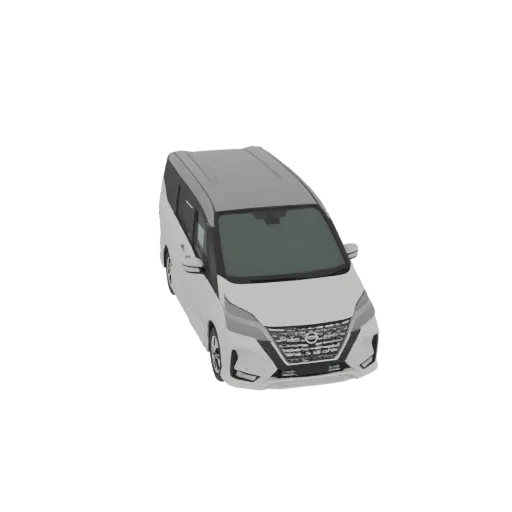 Вид под углом сверху на 3D модель белого Nissan Serena e-POWER MPV на белом фоне.