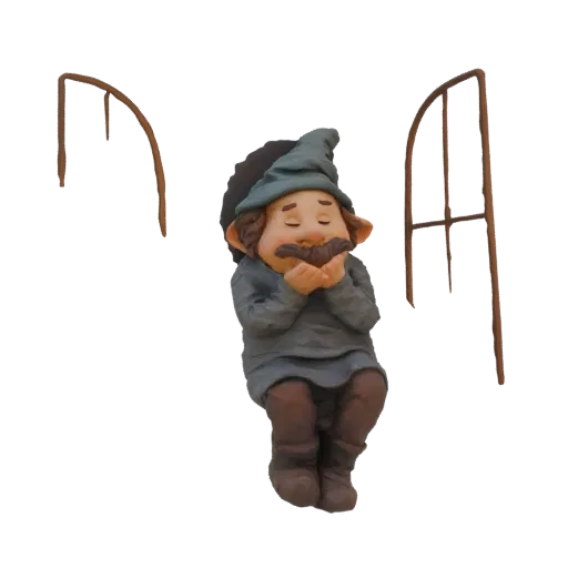 Рендер 3D модели забавного гнома, сидящего с закрытыми глазами, держащего свои большие усы руками, в остроконечной шляпе и ту