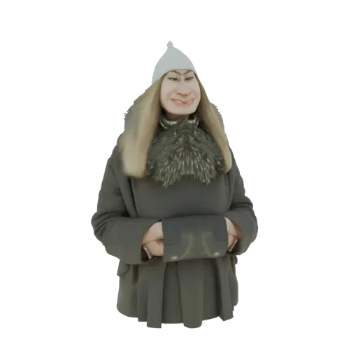 Рендер 3D модели стилизованной женщины в белой конической шляпе и серой зимней шубе с меховым воротником.