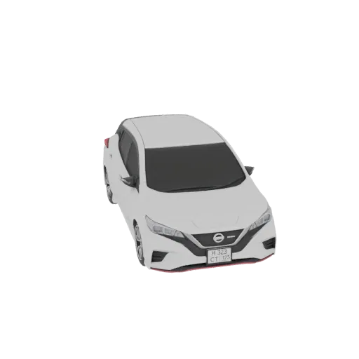 3D модель белого хэтчбека Nissan Leaf, вид с немного приподнятого передне-правого угла.