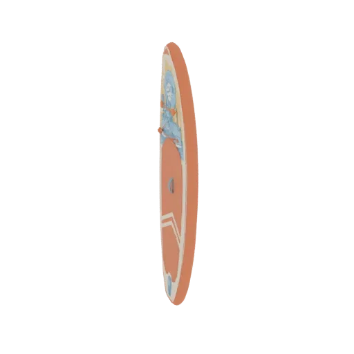 Вид сбоку 3D модели оранжевой доски для сапсерфинга с синим принтом.