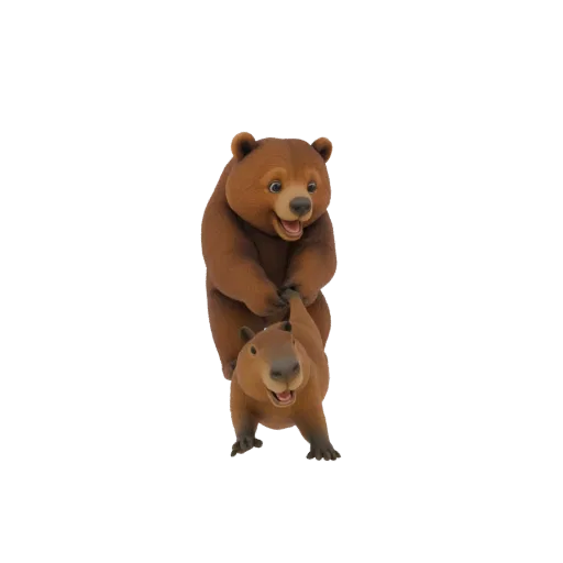 3D рендер бурого медведя, игриво держащего капибару, оба с счастливыми выражениями и стилизованными чертами.
