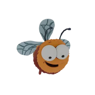 3D render of a cute cartoon bee with large eyes and a smile, wings spread, against a white background.