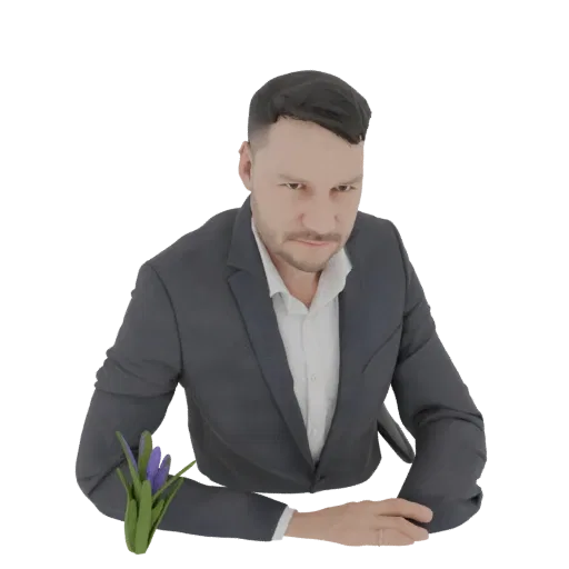 3D модель мужчины в темном костюме, смотрящего вниз и держащего в руке маленький фиолетовый цветок.