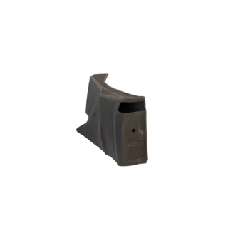 3D-модель темно-серой изогнутой пятки магазина, вид сбоку, демонстрирующий ее угловатый и эргономичный дизайн.