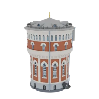 3D модель витиеватой круглой водонапорной башни с кирпичным основанием, белой отделкой, арочными окнами и конической крышей с