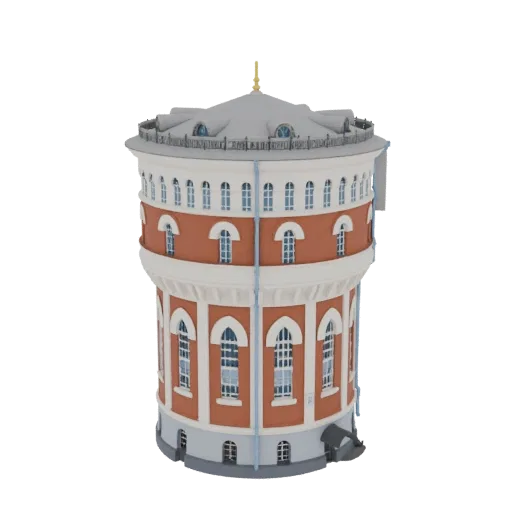 3D модель витиеватой круглой водонапорной башни с кирпичным основанием, белой отделкой, арочными окнами и конической крышей с