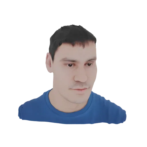 3D модель молодого человека с темными волосами, смотрящего вниз, в синей футболке.
