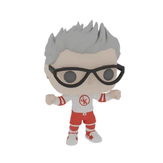 3D-модель стилизованного персонажа-геймера Funko Pop с серыми волосами, черными очками и красно-белым нарядом, в позе с вытян