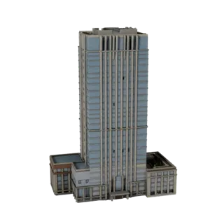 Высокополигональная 3D модель коммерческого высотного здания, вид крупным планом архитектурного рендера, показывающий материа
