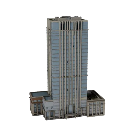 Высокополигональная 3D модель коммерческого высотного здания, вид крупным планом архитектурного рендера, показывающий материа