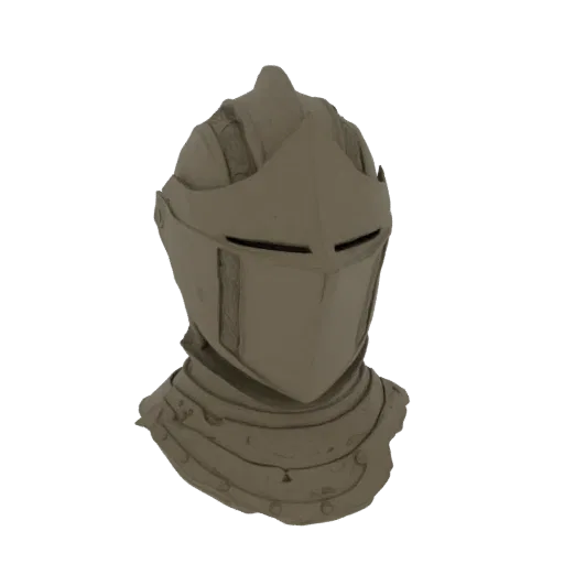 3D model render of a medieval knight's great helm, showcasing its metallic texture and detailed plate armor.