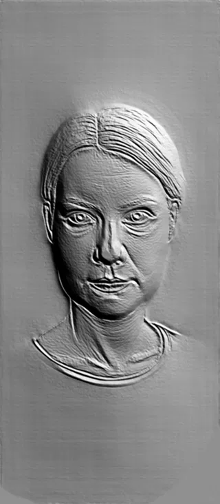 3D модель барельефа женского лица с пробором, выполненная в стиле классической скульптуры.