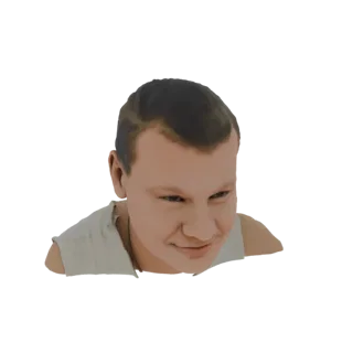 Рендер 3D модели мальчика с короткими каштановыми волосами, в белой майке, с любопытной, слегка озорной улыбкой.