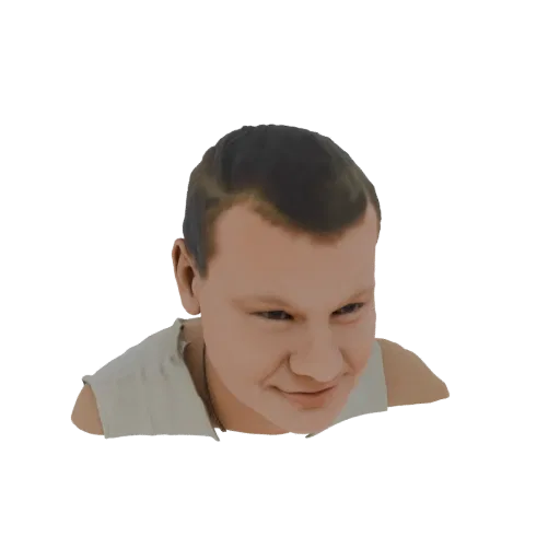 Рендер 3D модели мальчика с короткими каштановыми волосами, в белой майке, с любопытной, слегка озорной улыбкой.