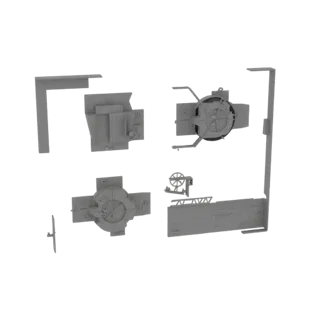 Коллекция серых 3D-моделей компонентов модульного центра космической станции, расположенных для предварительного просмотра.