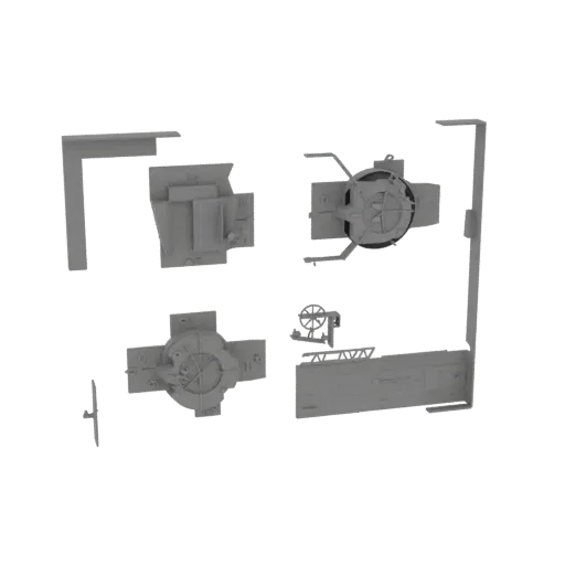 Коллекция серых 3D-моделей компонентов модульного центра космической станции, расположенных для предварительного просмотра.