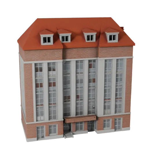 Низкополигональная 3D модель таунхауса, готовый к игре экстерьер, демонстрирующий материалы жилого здания и архитектурные дет