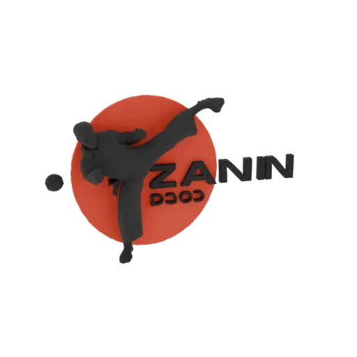 3D модель черного бойца каратэ в динамичной позе с ударом, с текстом 'ZANIN COCO' на красном круглом фоне.
