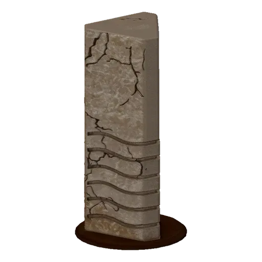 3D модель высокой треснувшей каменной колонны с горизонтальной волнистой резьбой на черном фоне.