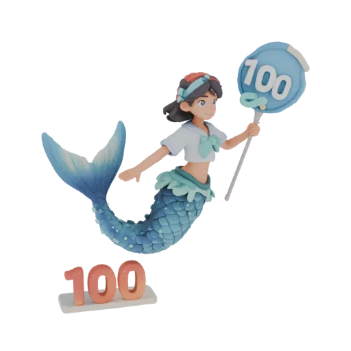 3D модель русалки-отличницы, держащей знак "100", с объемной цифрой "100" на подставке.