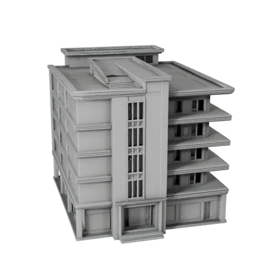 Печатная STL 3D модель эко-дома, изометрический вид, показывающий материалы жилого здания и архитектурные детали