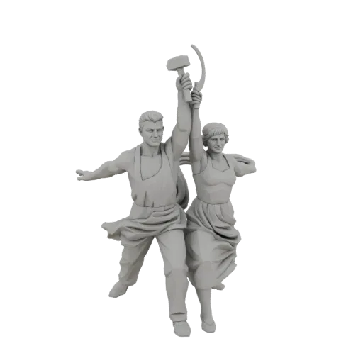 3D модель скульптуры «Рабочий и колхозница», мужчина и женщина держат серп и молот.