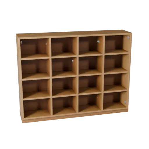 3D-модель настенной книжной полки, столовая, вид с трех четвертей спереди, окно просмотра Unity, детали окрашенного дерева.