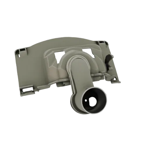 3D модель серого пластикового соединителя шланга пылесоса с видимым шарниром, изолированная на белом фоне.