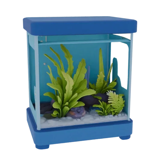 3D модель аквариума с зелеными растениями и камнями, синий корпус, прозрачные стенки