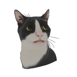 3D-рендер черно-белого кота-смокинга с желтыми глазами, выглядящего настороженным и любопытным, на белом фоне.